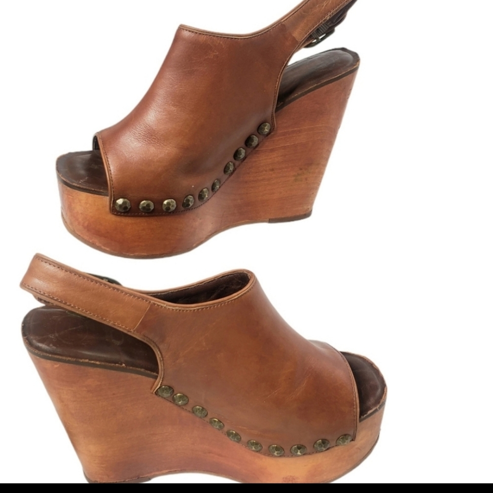 ❤️ JEFFREY Campbell Women's Havana Leather Wood Wedge Platform Summer Festival